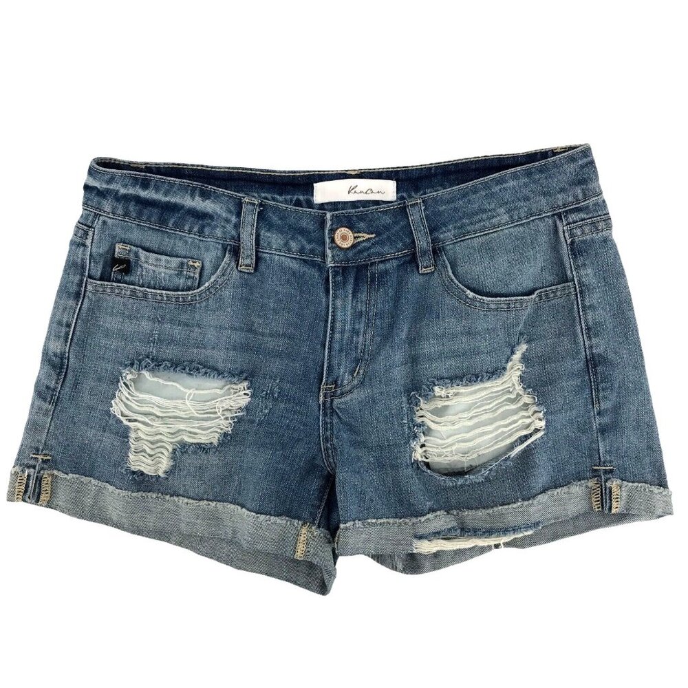 KanCan Women's Blue Denim Distressed Flat Front Casual Cuffed Shorts Size Medium